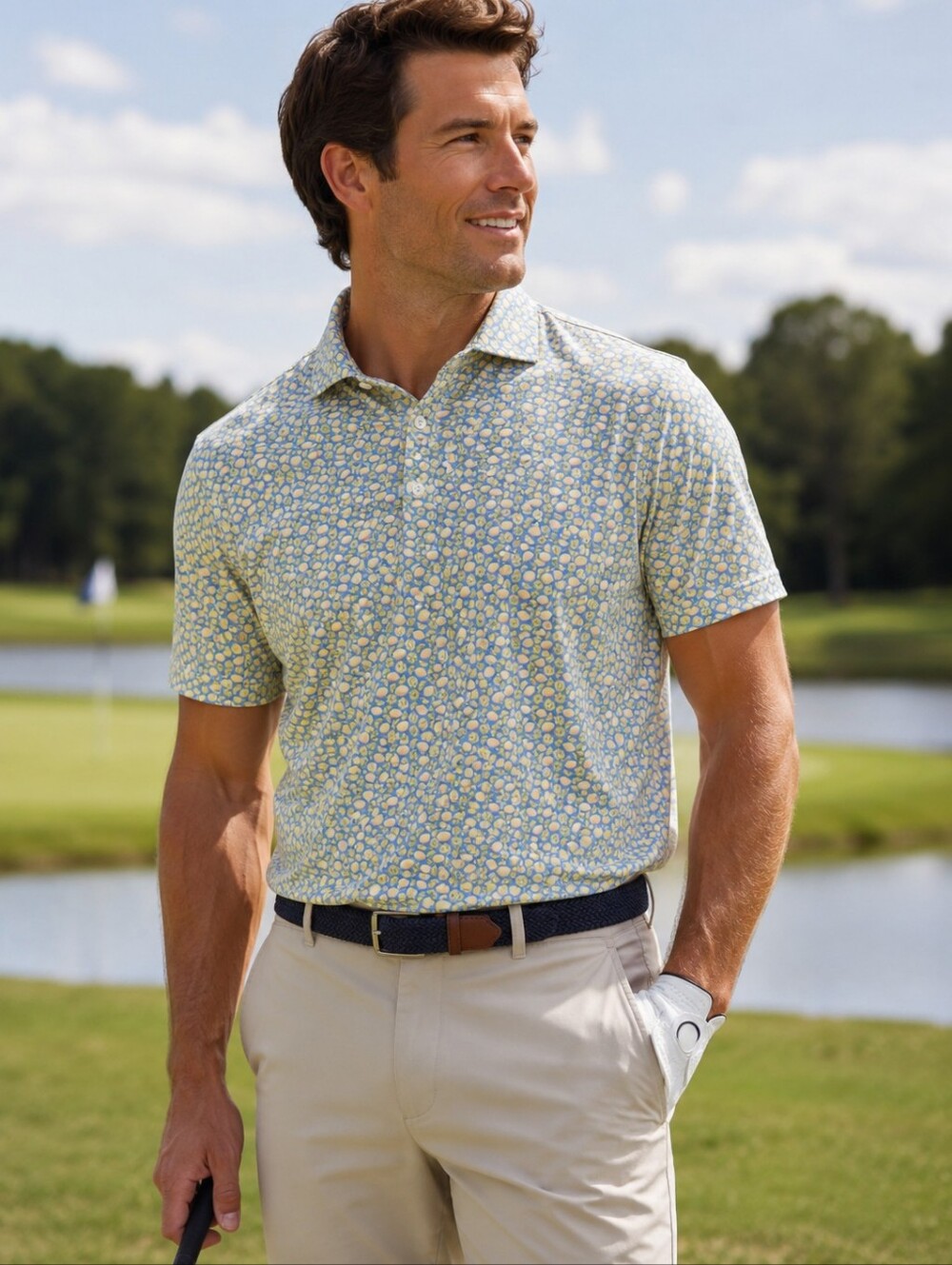 Turtleson Lemon Print Performance Golf Polo‎ Large L Blue Yellow Citrus Luxury